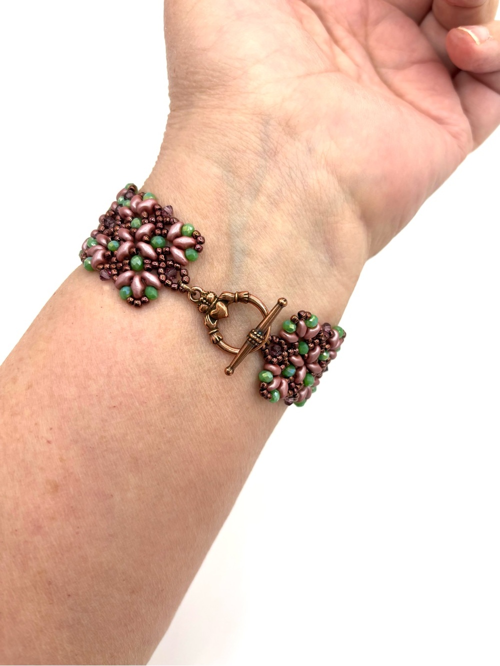 Hand Crafted Copper Pink and Green Victorian Style Bracelet - Picture 8 of 9